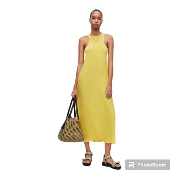 Allsaints Cerellia Yellow halter Neck SatinMidi Dress size 12 - Picture 1 of 14